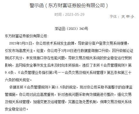 系统“宕机”后未及时向深交所报告，东方财富收警示函