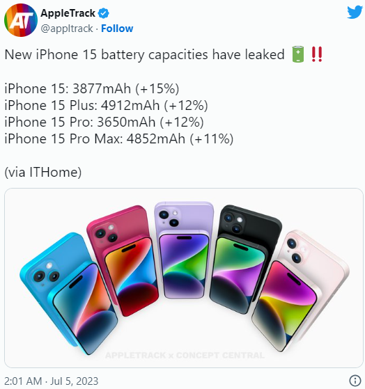 iPhone 15系列据称续航时间提升至多15%